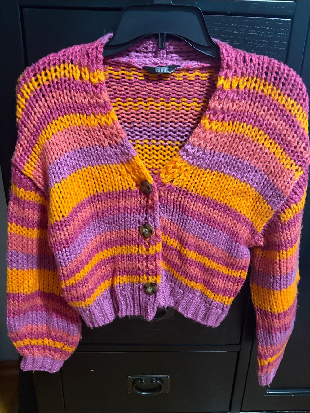 Girls Pink & Yellow Stripe Knit Button-Front Sweater